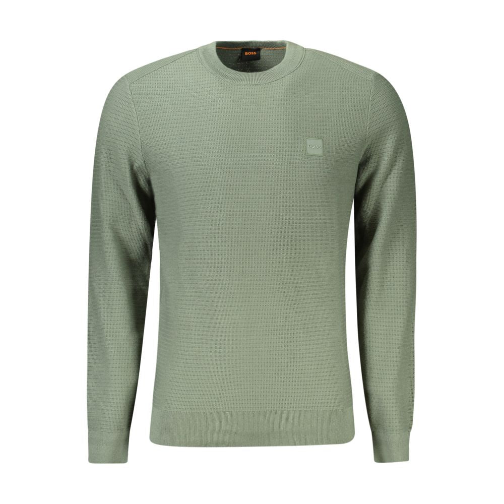 Hugo Boss Green Cotton Men Sweater with crew neck and logo, offering style and comfort for trendsetters who value sophistication.