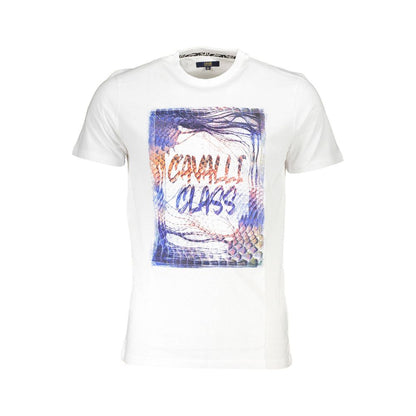 Cavalli Class White Cotton Men T-Shirt with colorful print and logo, embodying bold sophistication in finely crafted cotton.
