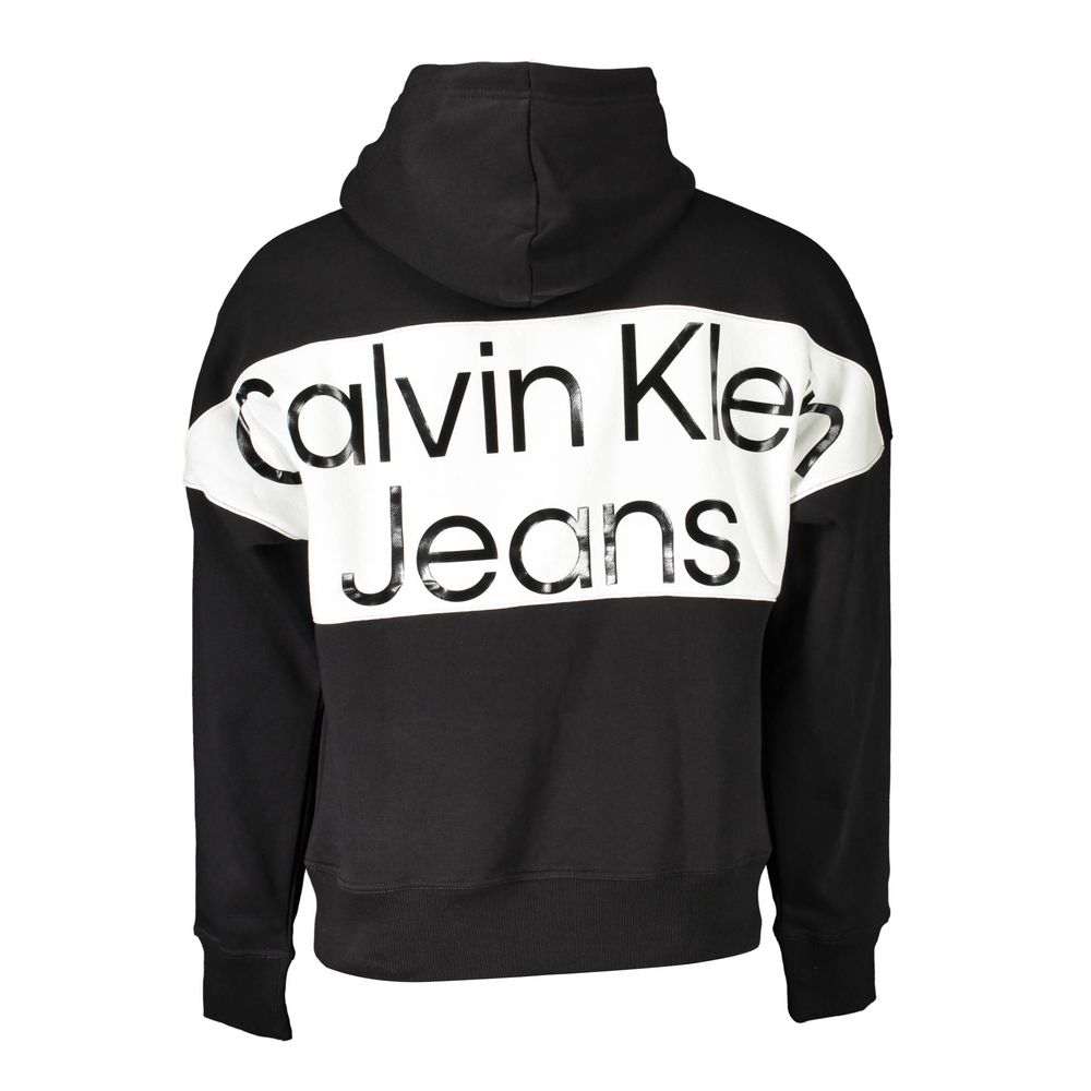 Calvin Klein Black Cotton Men Sweater with logo, modern hoodie design and central pocket, perfect for stylish comfort and utility.