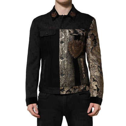 Dolce & Gabbana Black Gold Floral Jacquard Men Biker Jacket