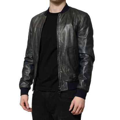 Dolce & Gabbana Black Lambskin Leather Biker Full Zip Jacket