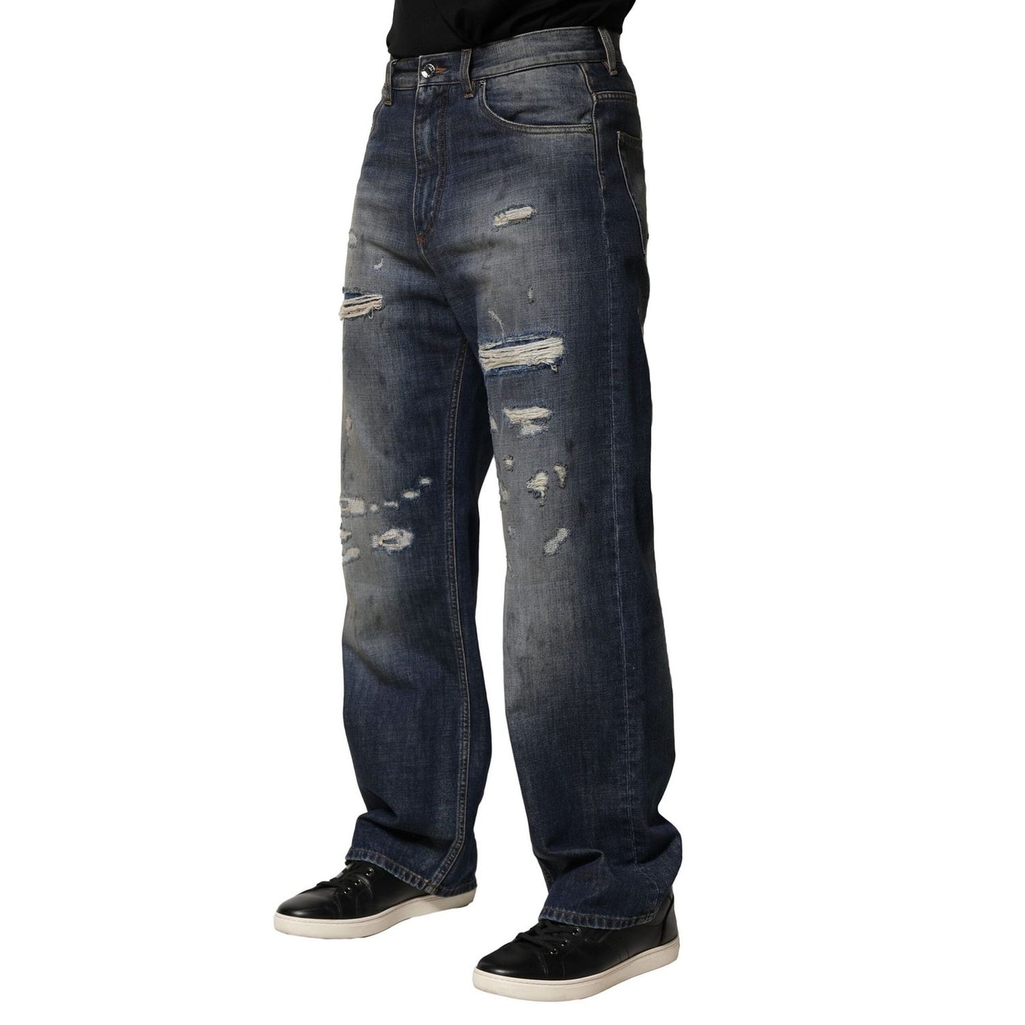 Dolce & Gabbana Blue Washed Tattered Cotton Men Jeans