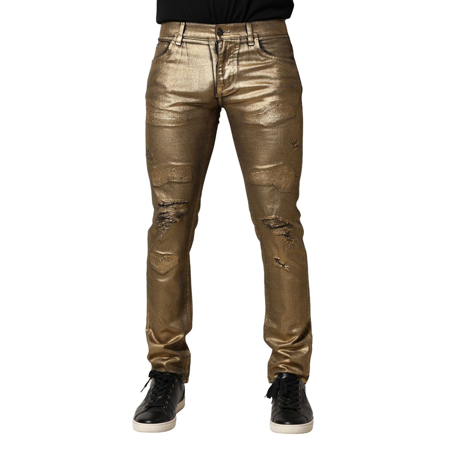 Dolce & Gabbana Gold Tattered Cotton Stretch Slim Denim Jeans