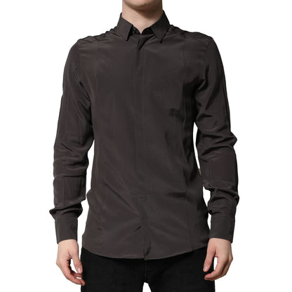 Dolce & Gabbana Dark Brown Silk GOLD Men Dress Formal Shirt