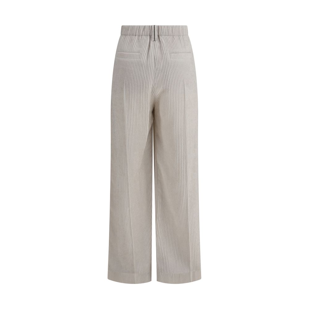 Brunello Cucinelli White Viscose Casual Pants with corduroy texture, tailored fit, wide leg design, two back welt pockets, and waist belt loops.
