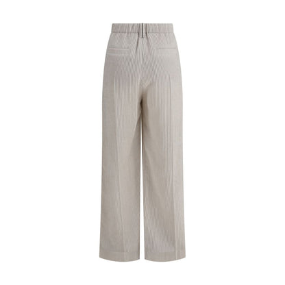 Brunello Cucinelli White Viscose Casual Pants with corduroy texture, tailored fit, wide leg design, two back welt pockets, and waist belt loops.