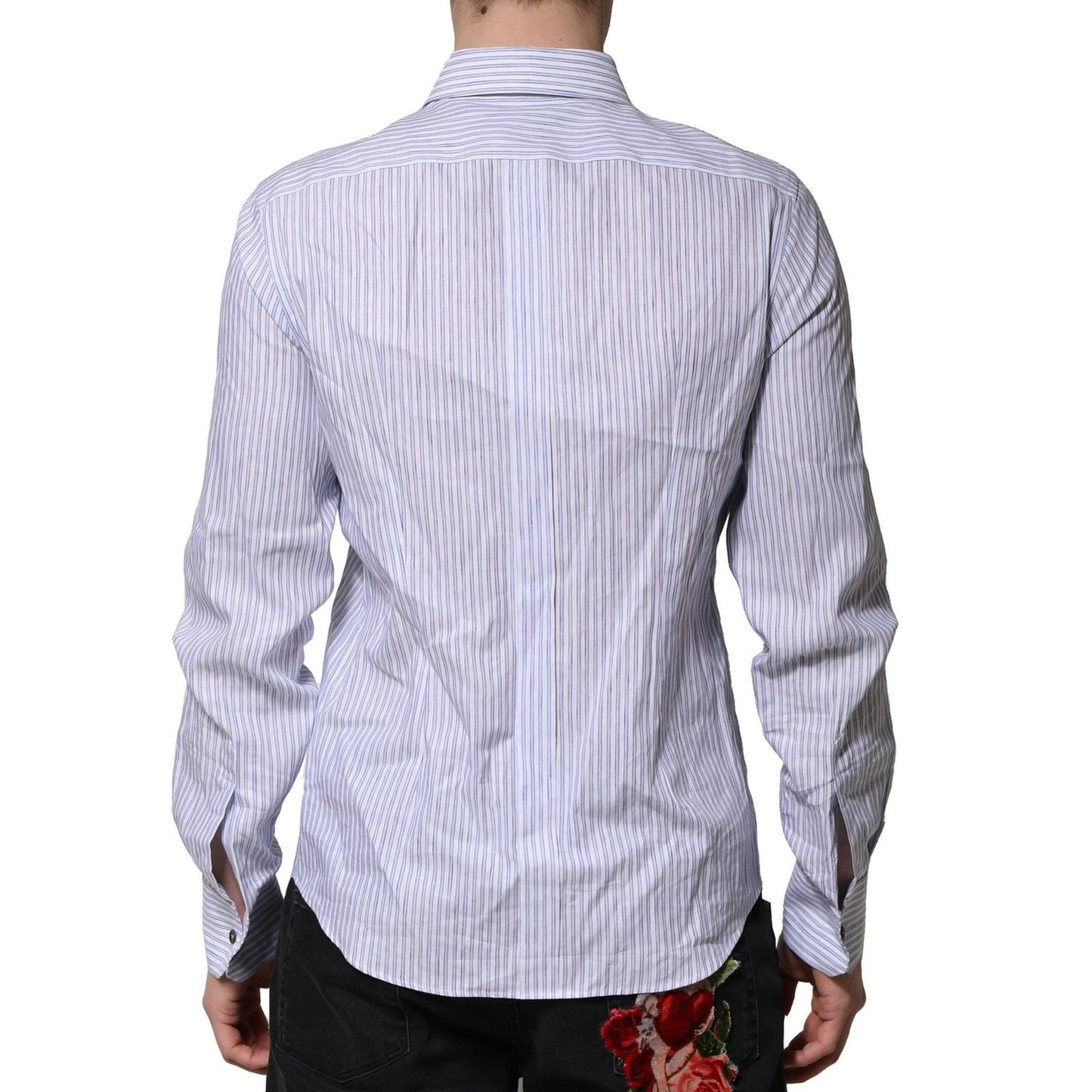 Dolce & Gabbana White Blue Striped Cotton Dress Formal Shirt