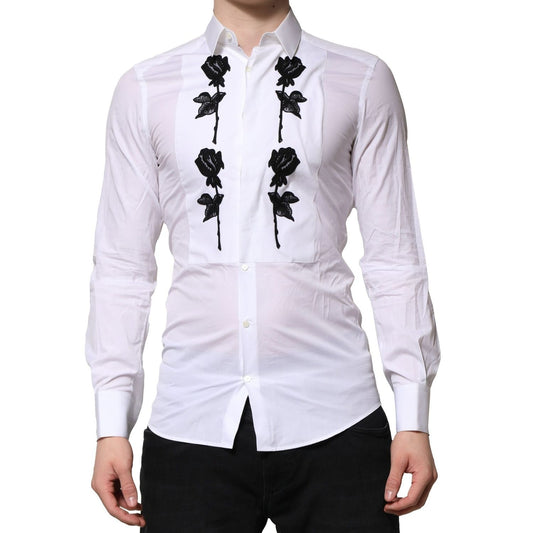 Dolce & Gabbana White Floral Embroidery Men GOLD Formal Shirt