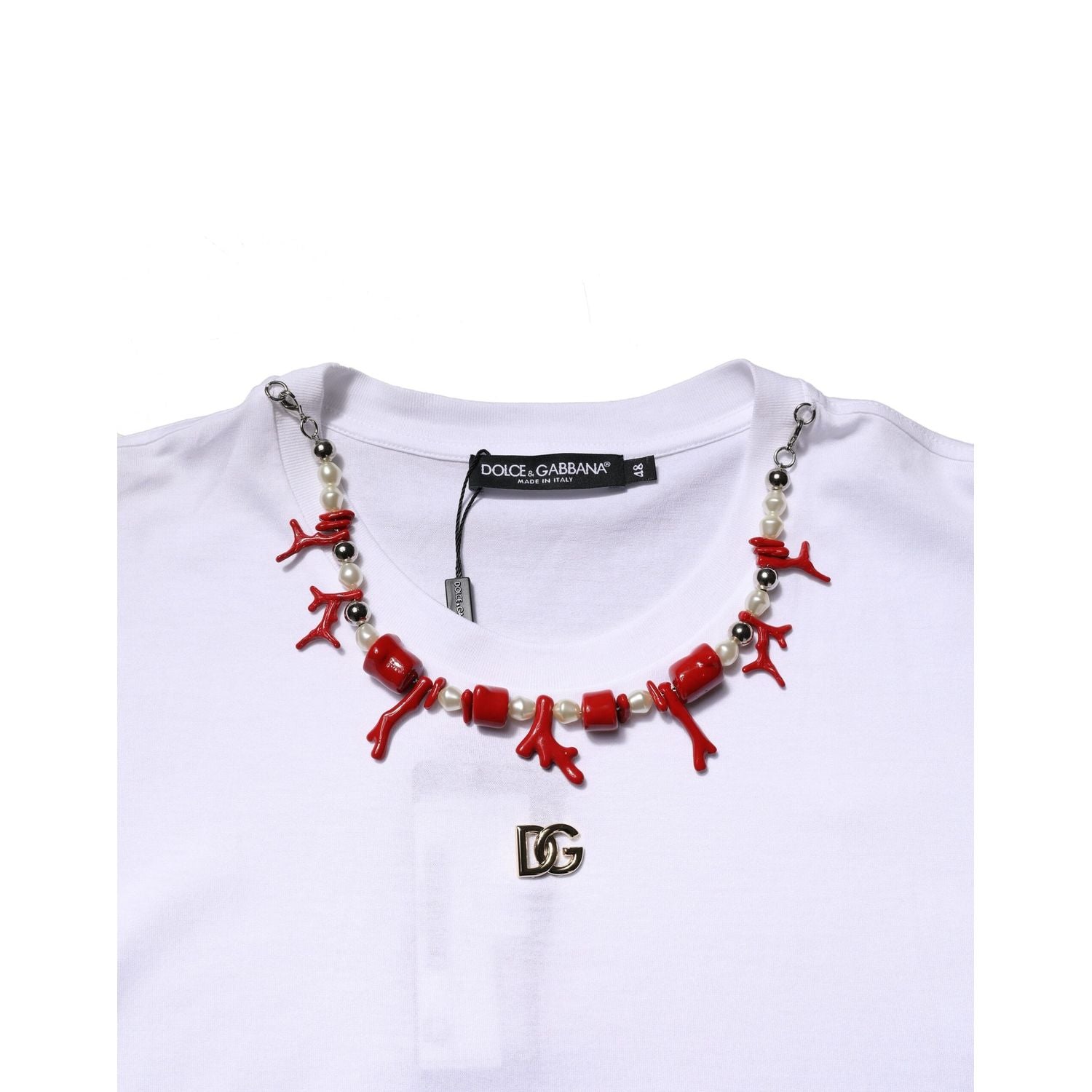 Dolce & Gabbana White Embellished Cotton Crew Neck T-shirt