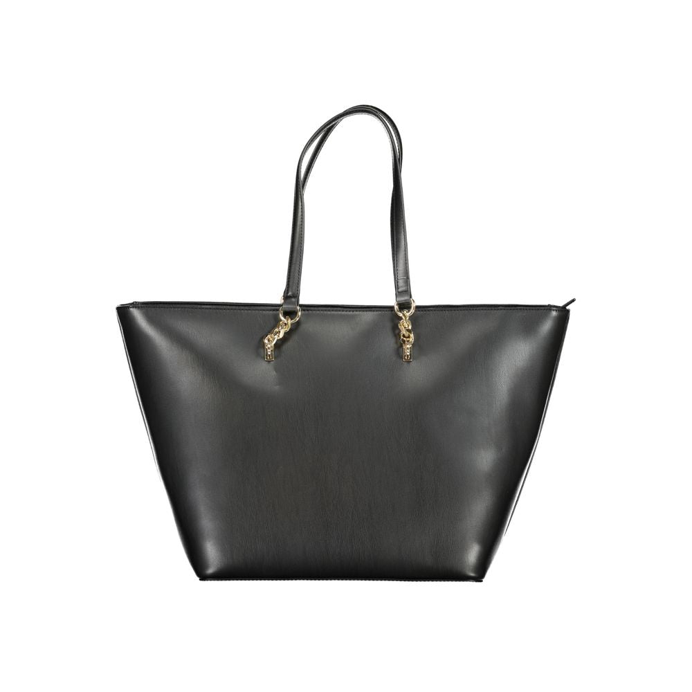 Tommy Hilfiger Black Polyethylene Handbag with two shoulder handles, internal pockets, zip closure, and logo detailing.