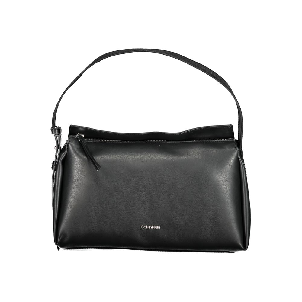 Calvin Klein Black Polyester Handbag with adjustable shoulder handle, internal document pocket, contrasting details, and zip closure.
