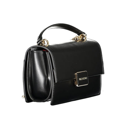 Mario Valentino Black Polyethylene Women Handbag with a chain shoulder strap and iconic Valentino logo, featuring a zip and snap closure.