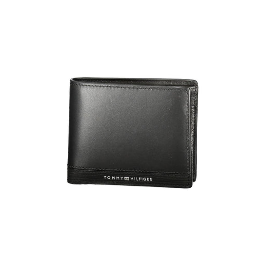 Tommy Hilfiger Black Leather Men Wallet with compartments and coin purse, featuring iconic logo and contrasting bold details.