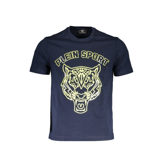 Plein Sport Blue Cotton Men T-Shirt with fierce tiger print and iconic logo for luxury sportswear enthusiasts.