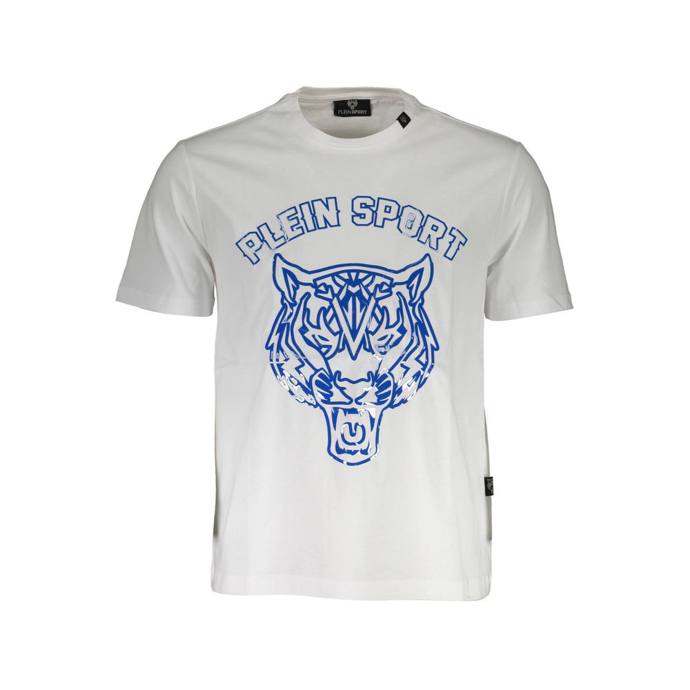 Plein Sport White Cotton Men T-Shirt with tiger print and logo, perfect for trendsetters seeking style and comfort in athletic wear.