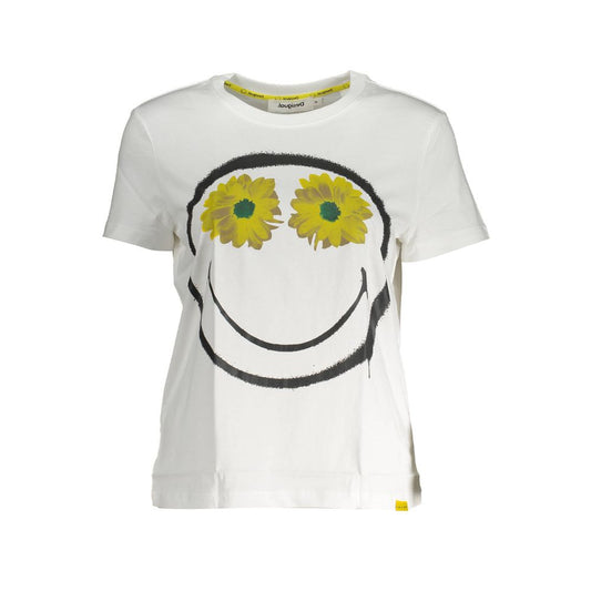 Desigual White Cotton Women T-Shirt with artistic sunflower smiley print