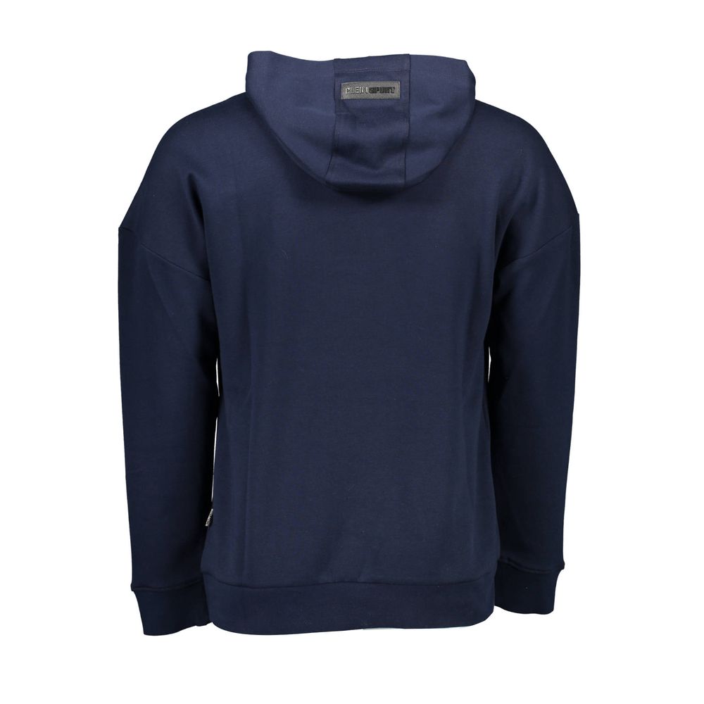 Plein Sport Blue Cotton Men Sweater back view displaying hoodie and logo detail, combining comfort and urban style.