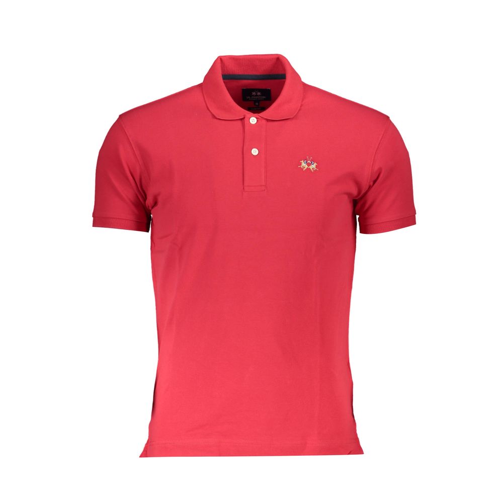 La Martina Red Cotton Men Polo Shirt with logo embroidery, slim fit short sleeve design, elegant and stylish attire.