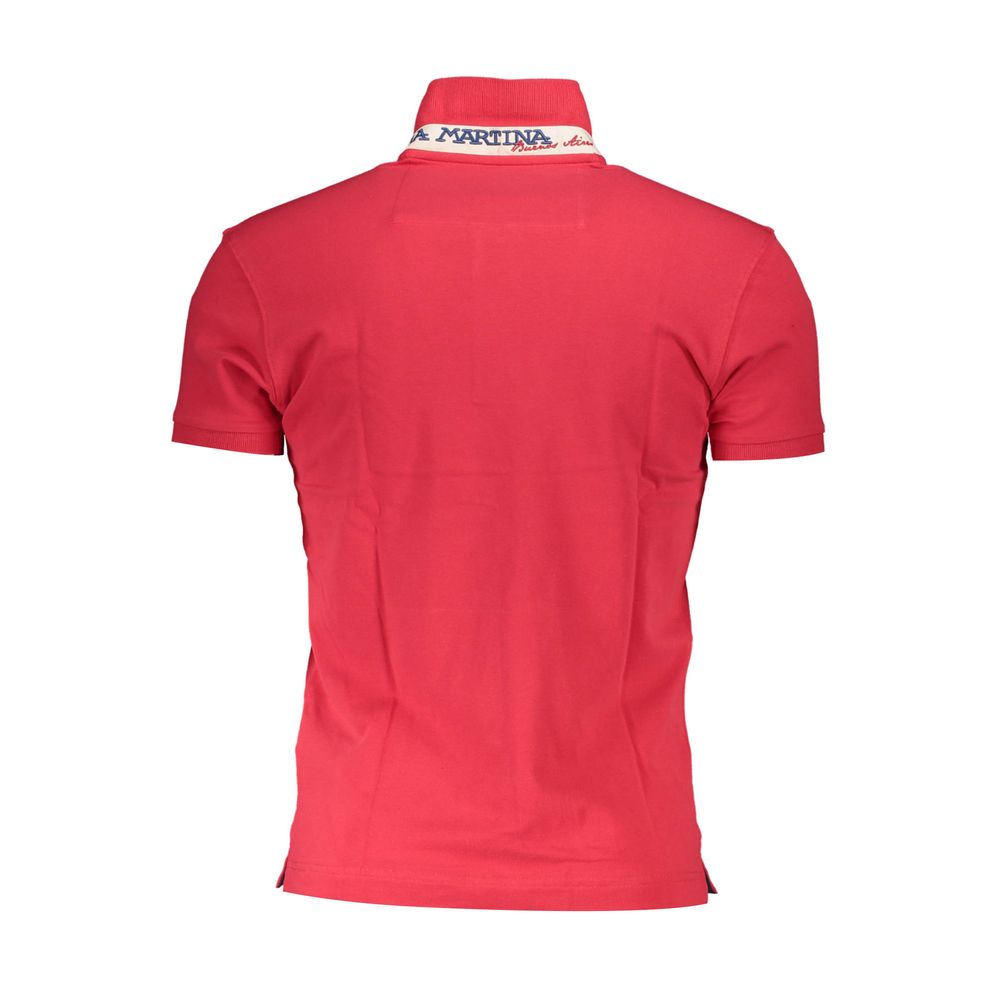 Back view of La Martina Red Cotton Men Polo Shirt, showcasing sleek design with iconic embroidery and slim fit elegance.