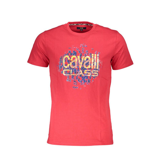 Cavalli Class Red Cotton Men T-Shirt with bold print, crew neck, short sleeves, fashion-forward design.