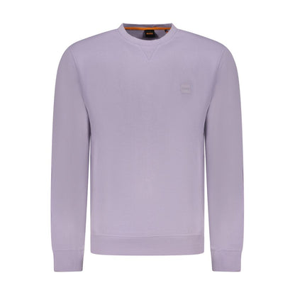 Hugo Boss Purple Cotton Men Sweater with crew neck, featuring logo embroidery and long sleeves, made for style and comfort.