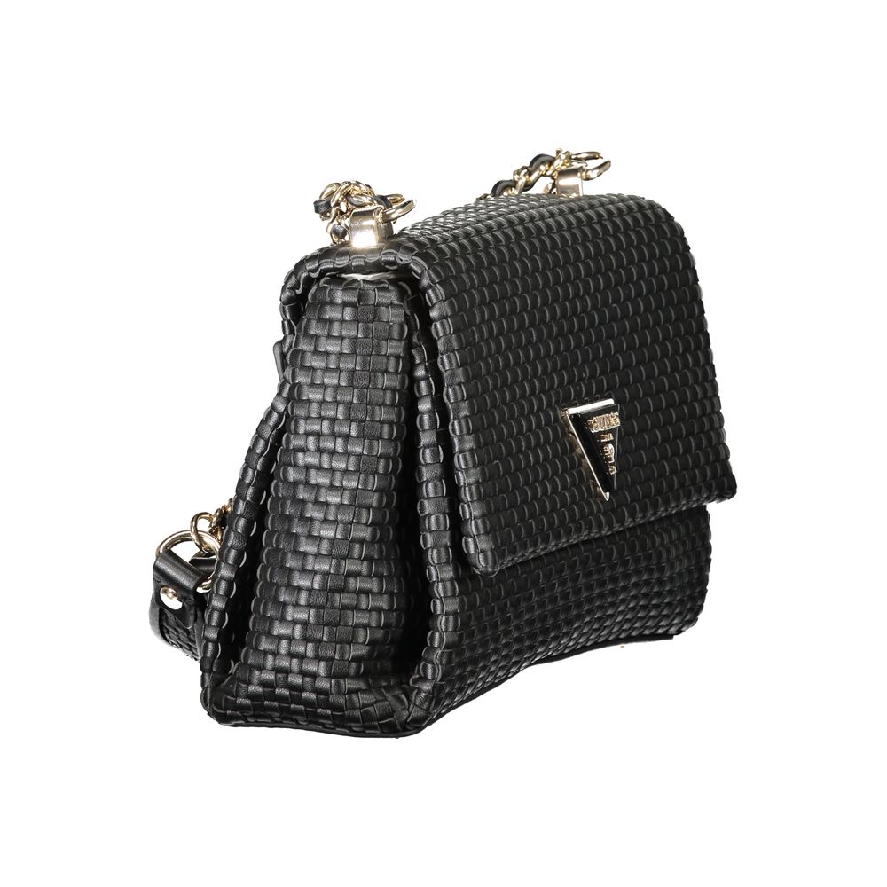 Guess Jeans Black Polyethylene Women Handbag with dual-chain shoulder handles, sleek design, and upscale woven texture.