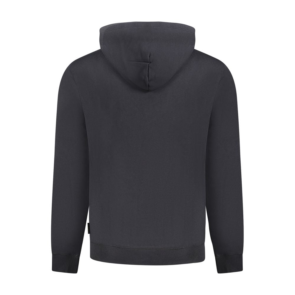 Rear view of Napapijri Black Cotton Men Sweater with hood and regular-fit style, featuring premium brushed finish for added sophistication.