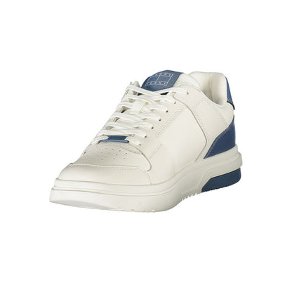 Tommy Hilfiger White Leather Men Sneaker with blue accents and logo, featuring removable footbed for customizable comfort.
