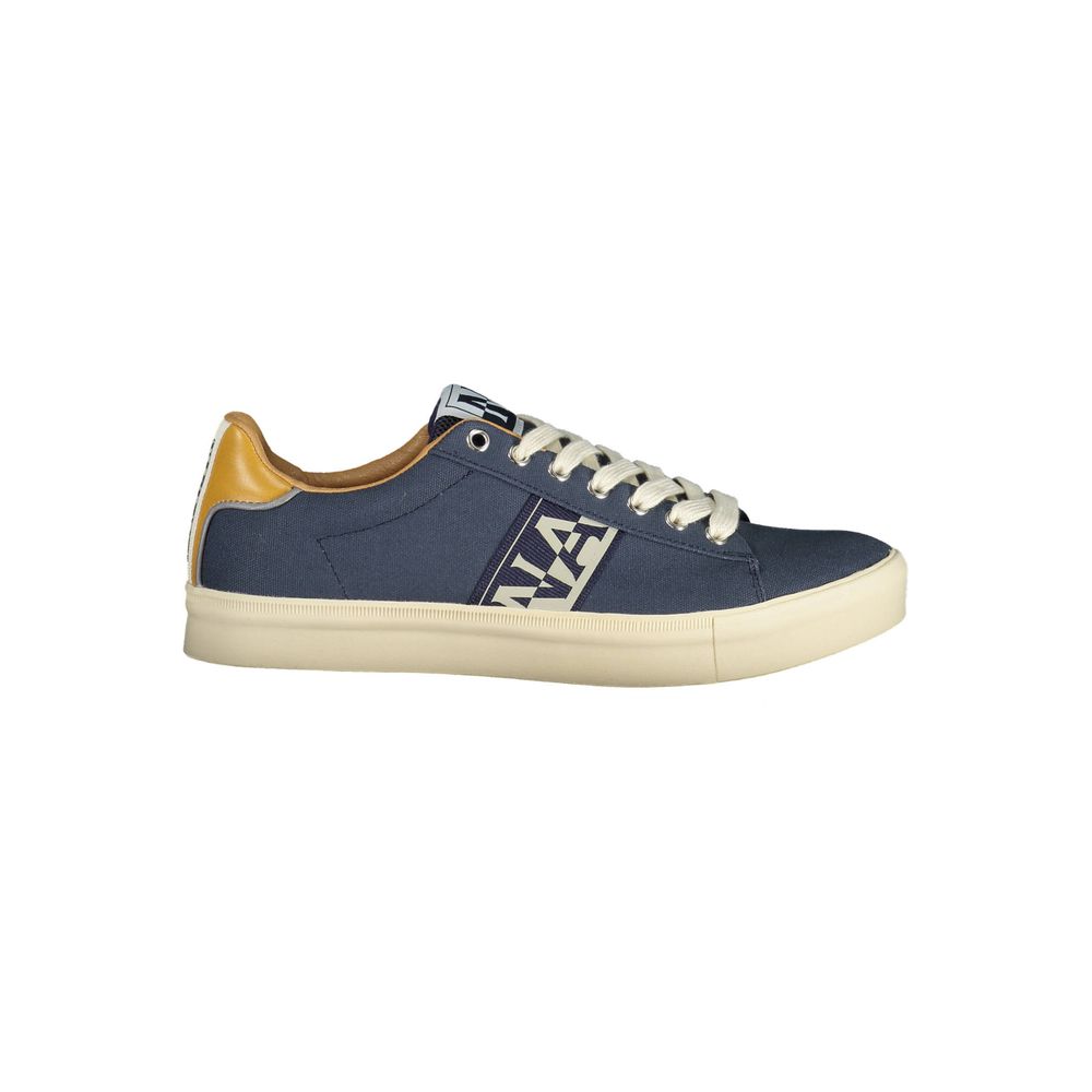 Napapijri Blue Polyester Men Sneaker with logo, side view showcasing stylish design and contrasting details.