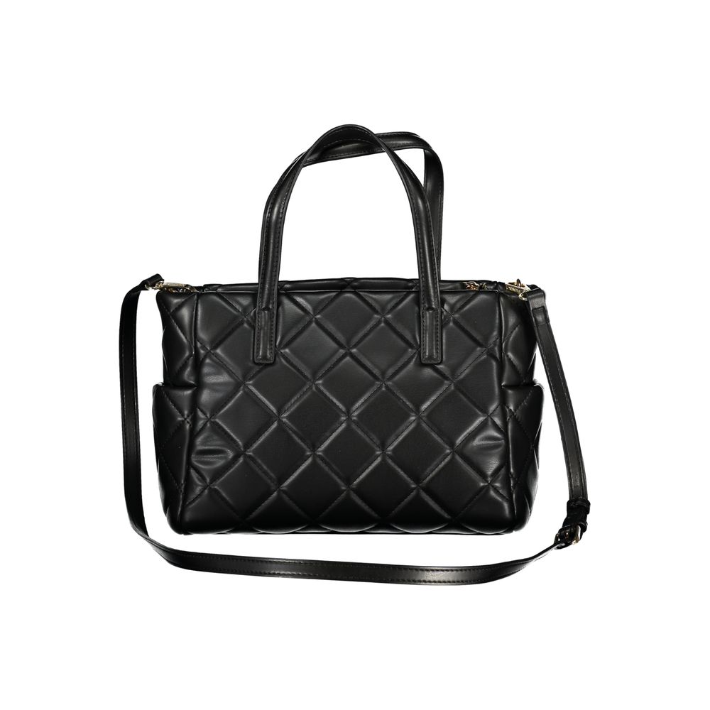 Mario Valentino Black Polyethylene Women Handbag with quilted design, featuring handles and a long strap for versatile use.