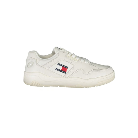 Tommy Hilfiger White Polyester Sneaker with contrast details, laces, logo and print, sports footwear.
