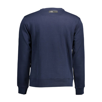 Plein Sport Blue Cotton Men Sweater back view showcasing premium cotton blend in bold blue hue.