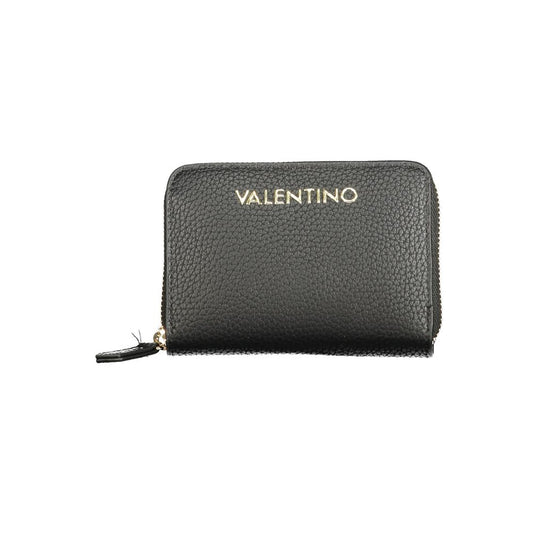 Mario Valentino Black Polyethylene Wallet with 6 compartments, coin purse, card spaces, zip closure, and logo.