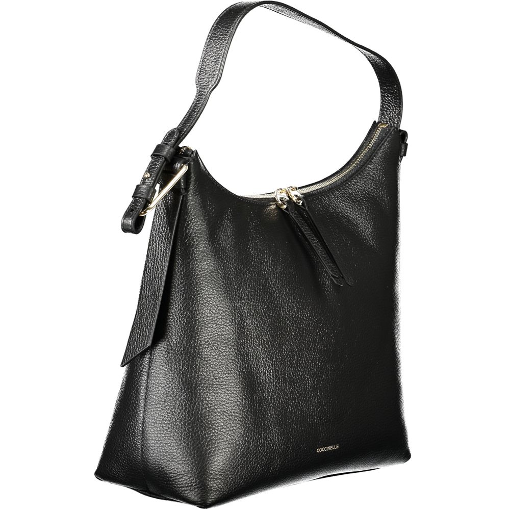 Coccinelle Black Leather Women Handbag with adjustable shoulder strap and zip closure, showcasing Italian craftsmanship.