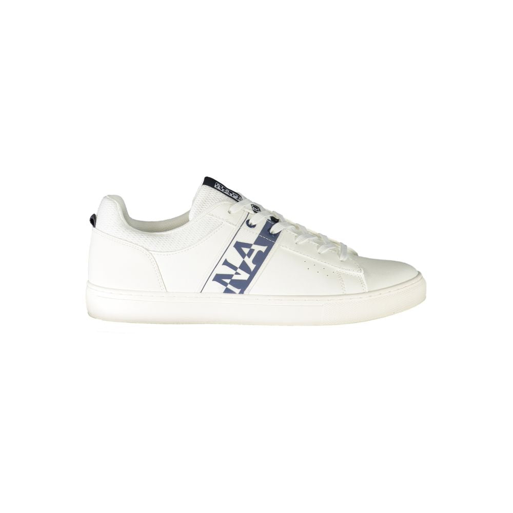 Napapijri White Leather Men Sneaker with bold contrasting details and logo, offering style and comfort for fashion-forward men.