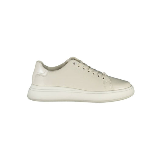 Calvin Klein Beige Leather Women Sneaker with contrasting details and iconic logo, blending polyester and leather for luxury and style.