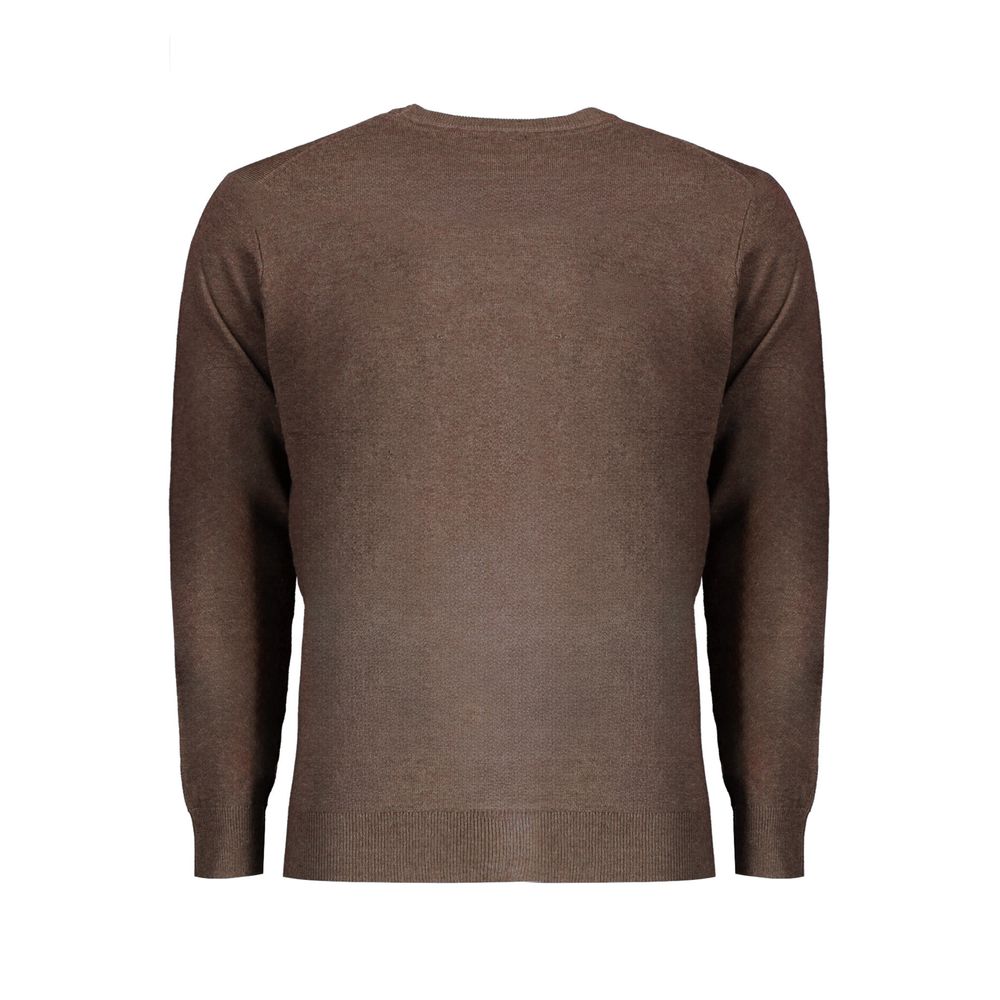 Back view of Norway 1963 Brown Wool Men Sweater with long sleeves and crew neck, showcasing timeless elegance and subtle embroidery.
