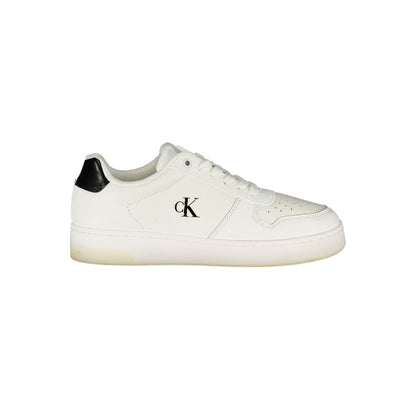 Calvin Klein White Leather Women Sneaker with black accents and logo, featuring a sleek design and removable footbed for comfort.