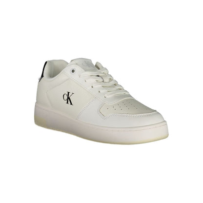 Calvin Klein White Leather Women Sneaker with black logo detail, removable footbed for comfort, chic design for fashion-forward trendsetters.
