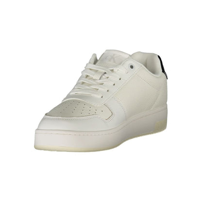 Calvin Klein White Leather Women Sneaker with black contrasts and logo, showcasing chic design and comfort features on a white background.
