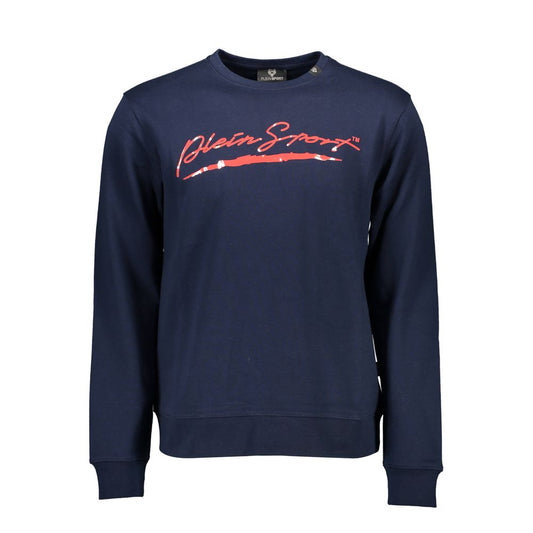Plein Sport Blue Cotton Men Sweater with red logo, crew neck, long sleeves, athleisure fashion.