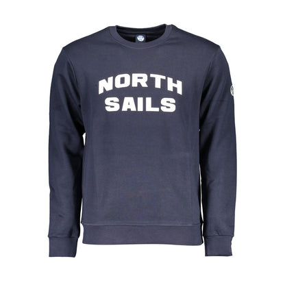 North Sails Blue Cotton Men Sweater with logo and bold print on front, crew neck design, made of soft cotton-polyester blend.