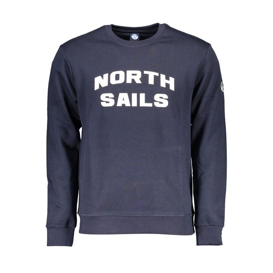 North Sails Blue Cotton Men Sweater with logo and bold print on front, crew neck design, made of soft cotton-polyester blend.