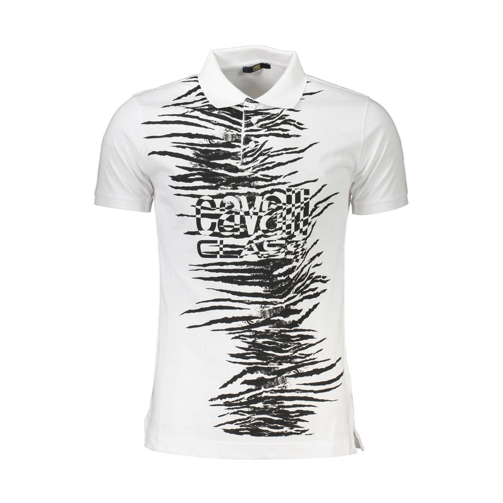 Cavalli Class White Cotton Men Polo Shirt with striking print and iconic logo, perfect for modern trendsetters.
