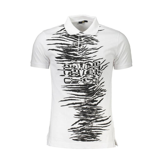 Cavalli Class White Cotton Men Polo Shirt with striking print and iconic logo, perfect for modern trendsetters.