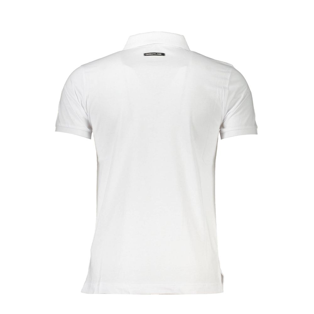 Back view of Cavalli Class White Cotton Men Polo Shirt with iconic logo on crisp white cotton.