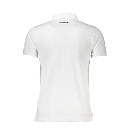 Back view of Cavalli Class White Cotton Men Polo Shirt with iconic logo on crisp white cotton.