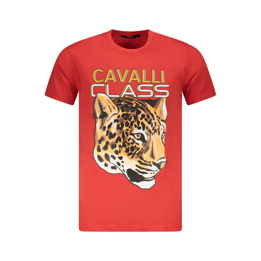 Cavalli Class Red Cotton Men T-Shirt with bold print and logo, vibrant red crew-neck design.