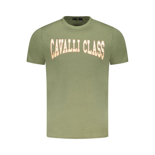 Cavalli Class Green Cotton Men T-Shirt with iconic logo and eye-catching print, perfect blend of luxury and casual style.
