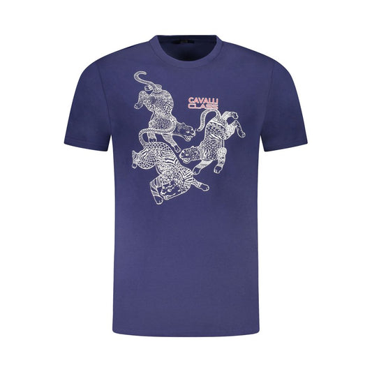 Cavalli Class Blue Cotton Men T-Shirt with bold print and Cavalli Class logo, showcasing high-end fashion in a stylish short-sleeve design.